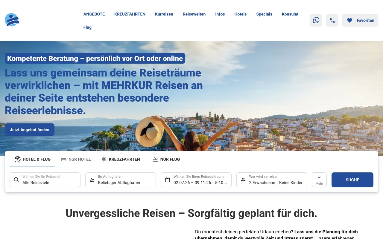 Screenshot of MEHRKUR Reisen website preview - travel and booking agency portal
